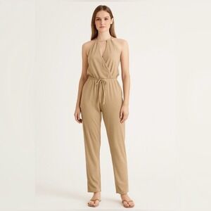 Mocking Jay Halter Wrap Front Drawstring Waist Jumpsuit in Tan